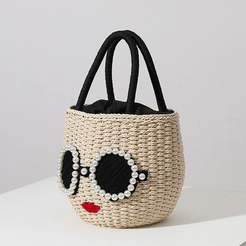 Damen Stroh Eimer Handtasche Süßes Gesicht Künstliche Perle Sonnenbrille Rote Lippen Dekor Sommer Strand Urlaub Mode Tasche
