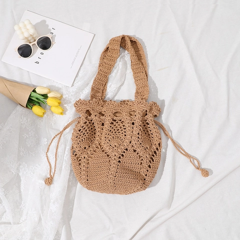 Borsa A Secchiello In Cotone Intrecciato All Uncinetto Da Donna Borsa A Spalla Svuotata Coulisse Spiaggia Vacanza Boho