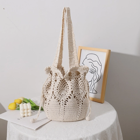 Borsa A Secchiello In Cotone Intrecciato All Uncinetto Da Donna Borsa A Spalla Svuotata Coulisse Spiaggia Vacanza Boho