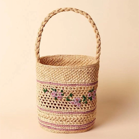 Borsa A Secchiello In Paglia Intrecciata Donna Ricamo Floreale Rafia Stile Francese Estate Spiaggia Vacanze Borsa Con Coulisse