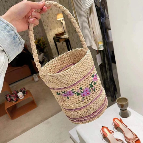 Borsa A Secchiello In Paglia Intrecciata Donna Ricamo Floreale Rafia Stile Francese Estate Spiaggia Vacanze Borsa Con Coulisse