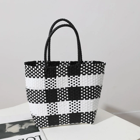Borsa Tote Intrecciata a Scacchi Plastica PP Fatto a Mano Estate Spiaggia Vacanze Motivo a Griglia Elegante Borsa Da Donna