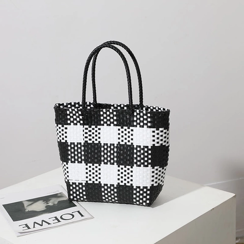 Borsa Tote Intrecciata a Scacchi Plastica PP Fatto a Mano Estate Spiaggia Vacanze Motivo a Griglia Elegante Borsa Da Donna