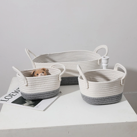 Cotton Rope Woven Storage Baskets Nordic Two-Tone Color-Block With Handles For Nursery Baby Care Desktop Organizer