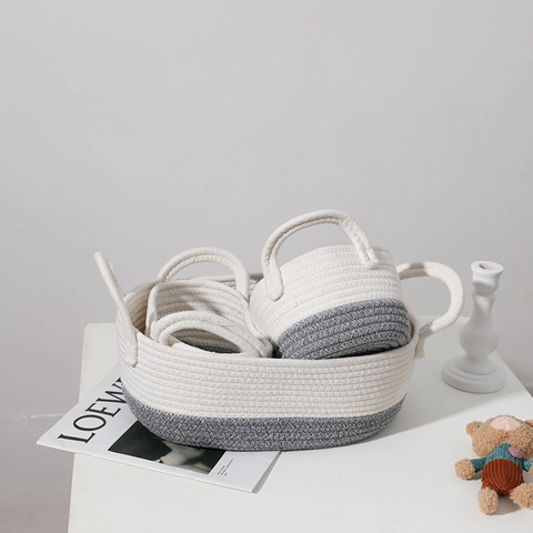 Cotton Rope Woven Storage Baskets Nordic Two-Tone Color-Block With Handles For Nursery Baby Care Desktop Organizer
