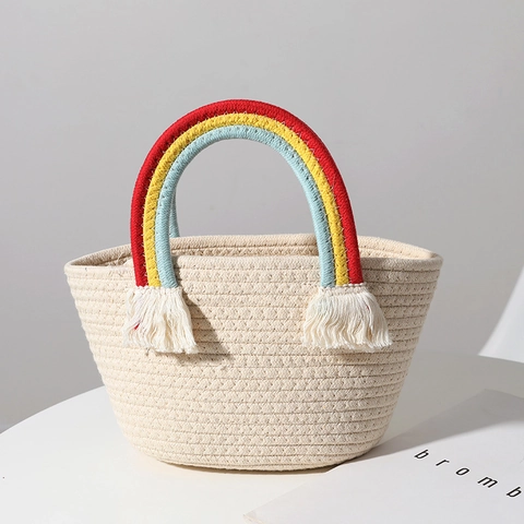 Regenbogen Griff Baumwollseil Gewebte Handtasche Handgemachte Quaste Strandurlaub Lässige Einkaufstasche Für Frauen