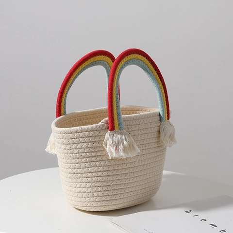 Regenbogen Griff Baumwollseil Gewebte Handtasche Handgemachte Quaste Strandurlaub Lässige Einkaufstasche Für Frauen