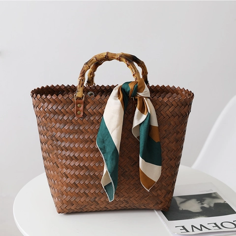 Bolso Tejido De PP Retro Con Agarre De Bambú Gran Capacidad Bolso De Playa Estilo Vintage Para Mujeres Accesorio De Vacaciones