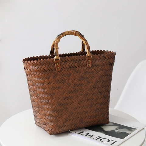 Bolso Tejido De PP Retro Con Agarre De Bambú Gran Capacidad Bolso De Playa Estilo Vintage Para Mujeres Accesorio De Vacaciones