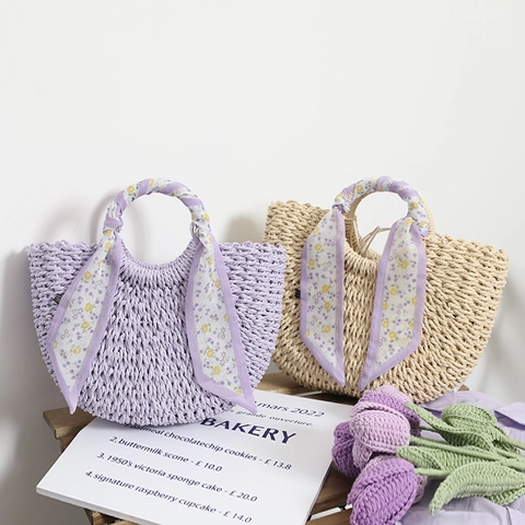 Sac À Main En Paille Pour Femmes Sac De Plage En Corde De Papier Tissé Avec Poignée En Foulard Floral Style Pastoral