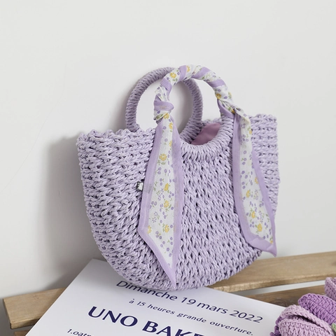 Sac À Main En Paille Pour Femmes Sac De Plage En Corde De Papier Tissé Avec Poignée En Foulard Floral Style Pastoral