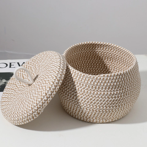 Cesta De Almacenamiento Tejida Cuerda De Algodón Contenedor Organizador Redondo Con Tapa Y Asa Para Snack Huevo Cosmético Varios Decoración