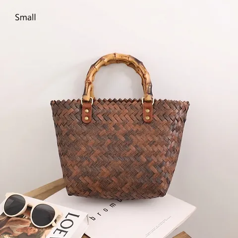 Bolso De Mano Tejido Retro Estilo Cesta De Paja Con Asa De Bambú Espacioso Bolso De Vacaciones De Verano Para Mujer