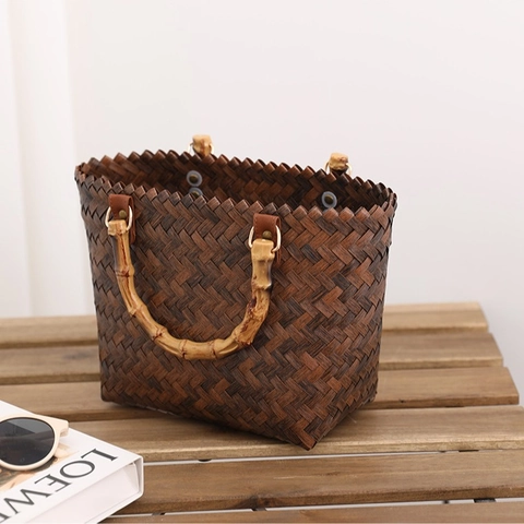 Bolso De Mano Tejido Retro Estilo Cesta De Paja Con Asa De Bambú Espacioso Bolso De Vacaciones De Verano Para Mujer