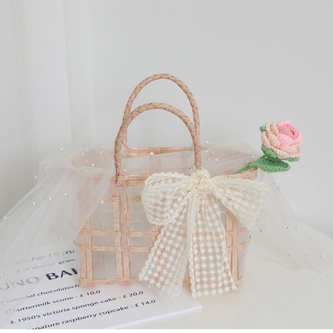 Bolso De Mano Tejido PVC Cuadros Cesta Con Gran Lazo De Encaje Estilo Pastoral Dulce Para Boda Picnic