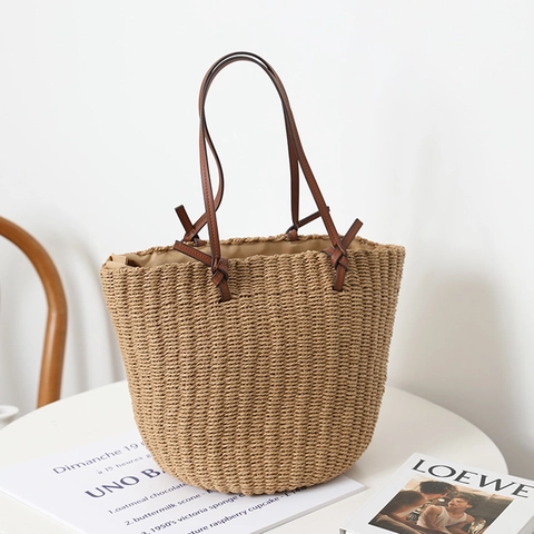 Damen Strohgeflochtene Beuteltasche Retro Große Strandtasche Tote Handtasche Mit Braunen PU Lederknotenriemen Sommer Casual