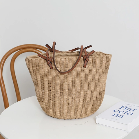 Damen Strohgeflochtene Beuteltasche Retro Große Strandtasche Tote Handtasche Mit Braunen PU Lederknotenriemen Sommer Casual