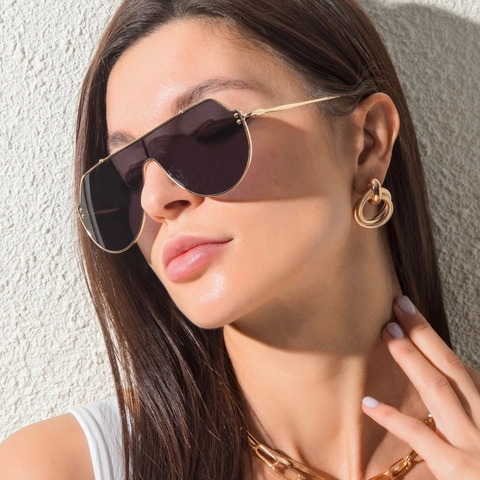 Shield Sunglasses Metal Frame Pilot Style UV400 Protection Rivet Detail Oversized Trendy Unisex Fashion Eyewear