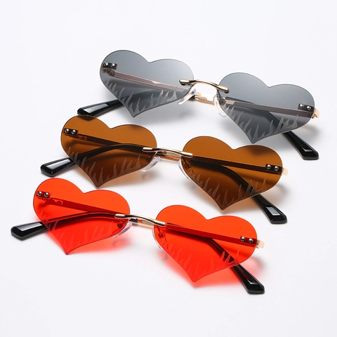 Heart Shaped Rimless Sunglasses With Flame Etched PC Lenses Metal Frame UV400 Trendy Punk Eyewear For Women