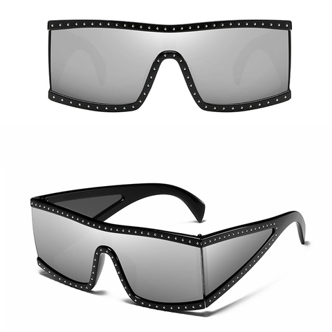Übergroße Shield Sonnenbrille Einteiliges Glas Metallnieten PC Rahmen UV400 Punk Y2K Mode Brillen Für Damen Herren