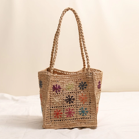 Borsa a Spalla da Donna in Paglia di Rafia Intrecciata a Mano con Ricamo Floreale Quadrata Tote per Vacanza Spiaggia con Coulisse