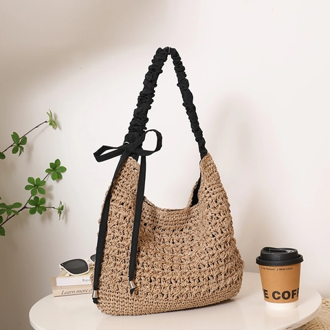 Women Large Capacity Straw Woven Shoulder Bag Summer Beach Holiday Hollow Out Design Ruched Strap With Black Bow