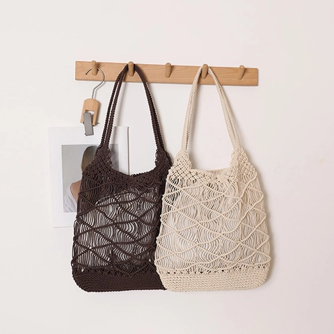 Diamant Gewebte Tragetasche Polyester Baumwolle Wachsseil Hohles Netz Große Kapazität Strandurlaub Boheme Tasche Mit Innentasche