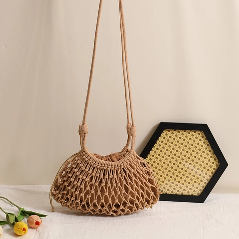 Cotton Thread Woven Shoulder Bag Hollow Out Mesh Crossbody Bag Bohemian Vacation Beach Bag With Drawstring Inner Pouch