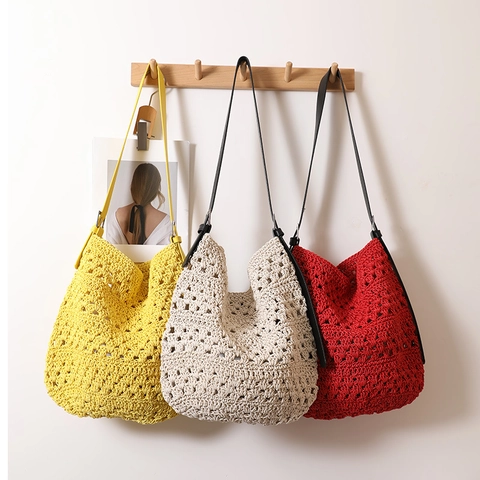 Borsa A Spalla Intrecciata All'Uncinetto A Mano Con Tracolla In Pelle PU Regolabile Grande Capacità Borsa Da Spiaggia Boho Donna