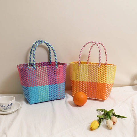 Borsa Tote Da Donna In Plastica Intrecciata Colorata Borsa A Mano A Cesto Patchwork Intrecciata A Mano Per Spiaggia