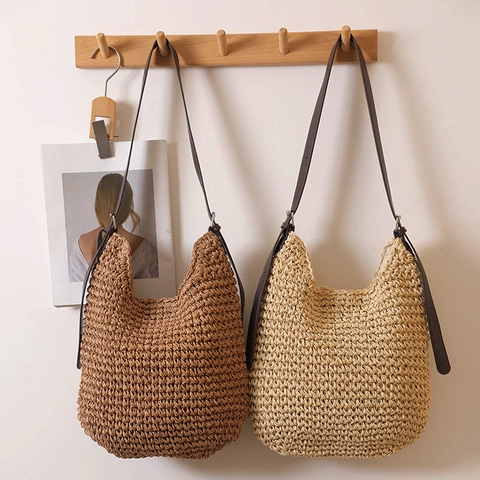 Borsa A Spalla In Paglia Intrecciata A Mano Con Tracolla In Pelle PU Grande Capacità Vacanze Mare Estate Donna