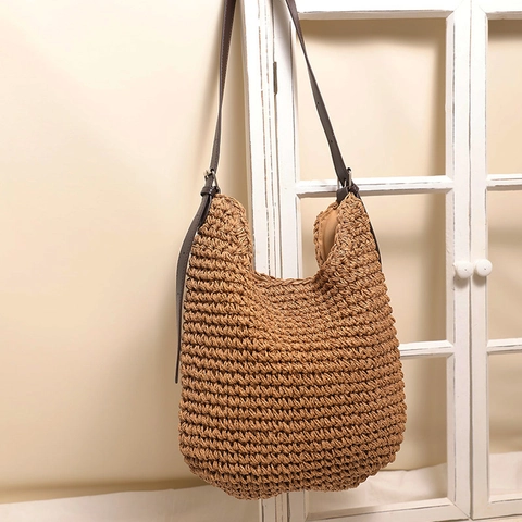 Borsa A Spalla In Paglia Intrecciata A Mano Con Tracolla In Pelle PU Grande Capacità Vacanze Mare Estate Donna