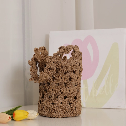 Handgefertigte Gehäkelte Blumen Stroh Beuteltasche Damen Sommer Strand Urlaub Handtasche Papier Gewebt Vintage
