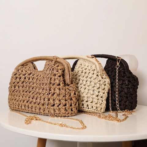 Gewebte Stroh Umhängetasche Hohl Honigwabe Textur Mit Metall Kettenriemen Sommer Strand Urlaub Clutch Handtasche