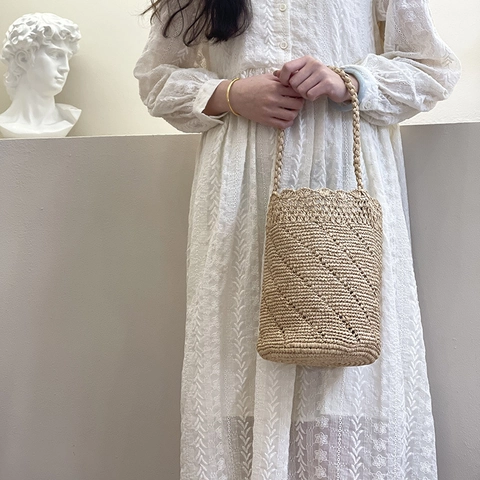 Raffia Stroh Gewebte Eimertasche Für Frauen Mit Durchbrochener Spitze Sommer Urlaub Strand Handgefertigte Schultertasche