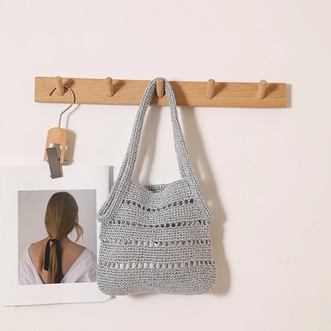 Woven Stroh Schultertasche Durchbrochene Häkelhandtasche Mit Innentasche Metallischer Draht Schicker Strand Urlaub Für Frauen