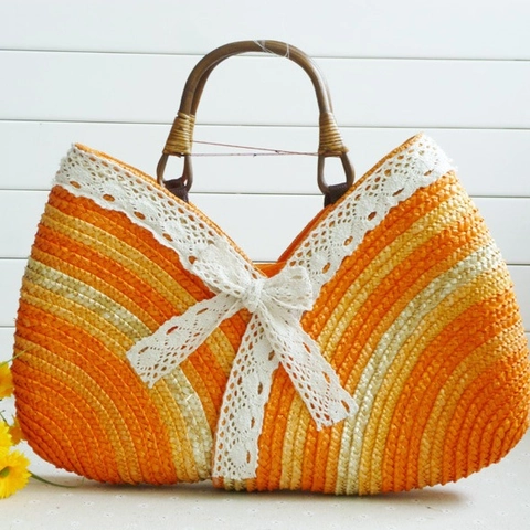 Borsa A Mano In Paglia Intrecciata A Mano Con Manico In Legno Borsa Da Spiaggia A Righe Con Fiocco In Pizzo