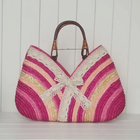 Borsa A Mano In Paglia Intrecciata A Mano Con Manico In Legno Borsa Da Spiaggia A Righe Con Fiocco In Pizzo