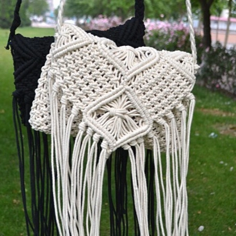 Χειροποίητη Πλεκτή Τσάντα Ώμου Macrame Βαμβακερό Σχοινί Φούντα Bohemian Παραλία Καλοκαιρινές Διακοπές Γυναικεία