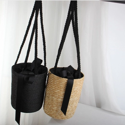 Bolso De Cubo De Paja Tejido A Mano Mujeres Vacaciones De Verano Bolso De Playa Con Lazo Cinta Cierre Con Cordón Bolso De Hombro
