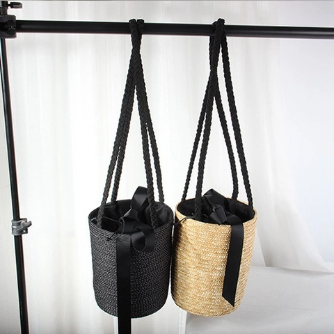 Bolso De Cubo De Paja Tejido A Mano Mujeres Vacaciones De Verano Bolso De Playa Con Lazo Cinta Cierre Con Cordón Bolso De Hombro