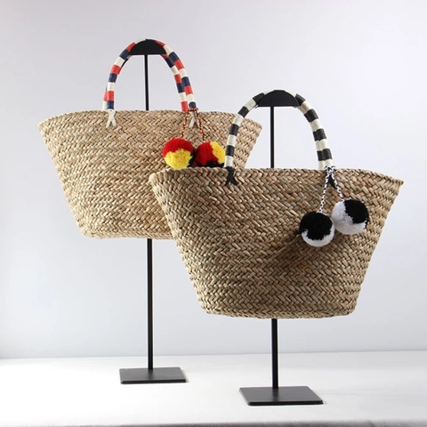 Borsa Tote In Paglia Intrecciata Boheme Spiaggia Estiva Grande Capacità Con Pompon E Manici A Righe Per Donne Vacanza