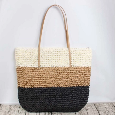 Straw Woven Tote Bag Large Capacity Color Block Striped Summer Beach Shoulder Purse For Women Vacation Casual