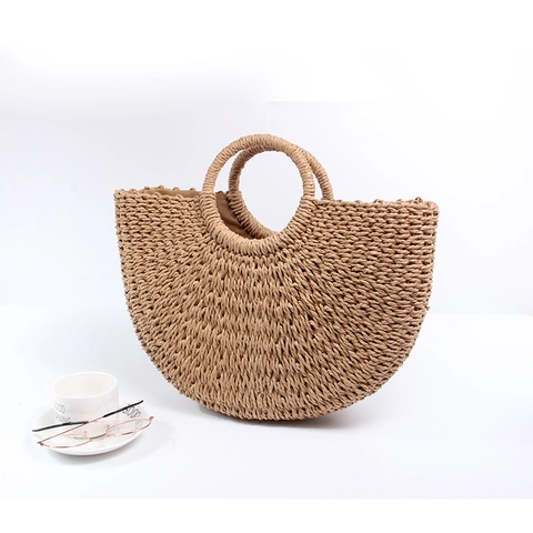 Damen Handgewebte Strohtasche Halbkreis Papierseil Handtasche Sommer Strandurlaub Rundgriff Einfacher Vintage Stil Reisetasche