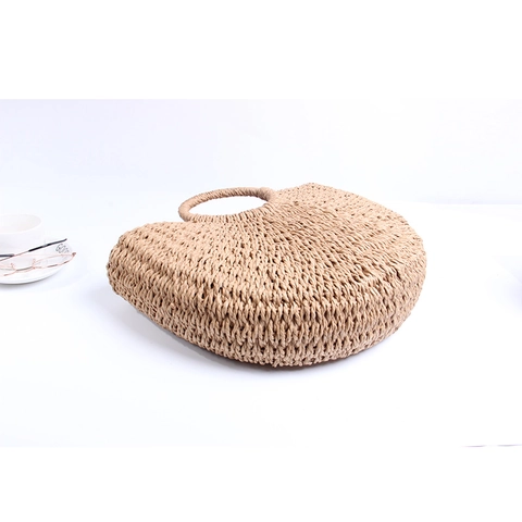 Damen Handgewebte Strohtasche Halbkreis Papierseil Handtasche Sommer Strandurlaub Rundgriff Einfacher Vintage Stil Reisetasche