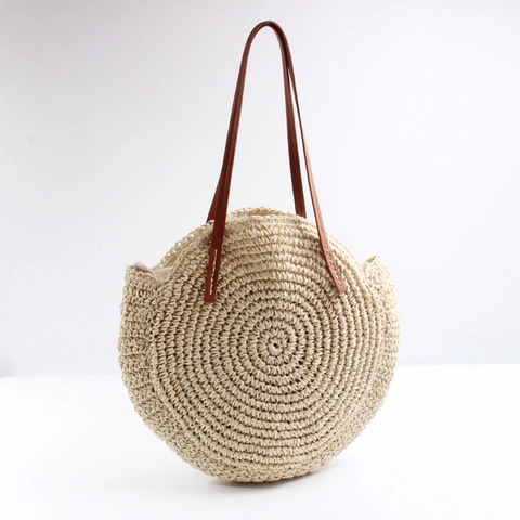 Round Straw Shoulder Bag Handmade Crochet Woven Tote Large Capacity Summer Beach Vacation Purse With Leather Handle