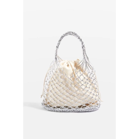 Damen Gewebte Handtasche Hohl Aus Metallischem Strohseil Mit Kordelzug Innentasche Für Strandurlaub Vintage Stil