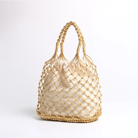 Damen Gewebte Handtasche Hohl Aus Metallischem Strohseil Mit Kordelzug Innentasche Für Strandurlaub Vintage Stil