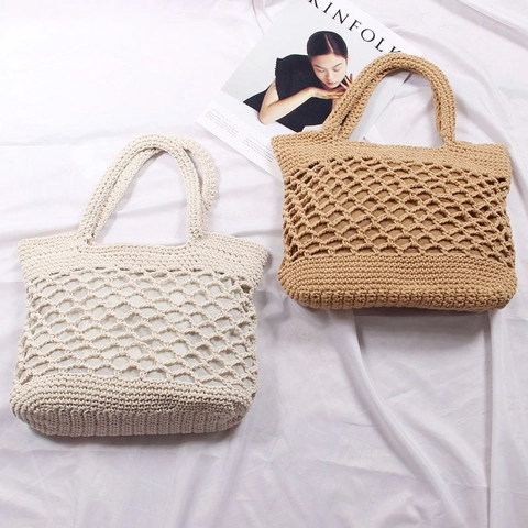 Women Hand Woven Cotton Thread Shoulder Bag Hollow Out Zipper Closure Summer Beach Handmade Casual Tote