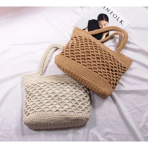 Women Hand Woven Cotton Thread Shoulder Bag Hollow Out Zipper Closure Summer Beach Handmade Casual Tote